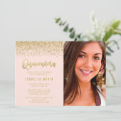 モダン赤面ピンク金ゴールドグリッターキンセアニェラ写真 招待状 (スタンド正面)