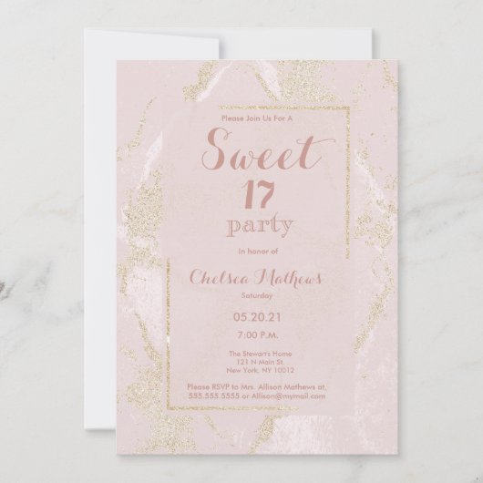 モダン赤面ピンク金ゴールドグリッターマーブルスウィート17 招待状 (正面)