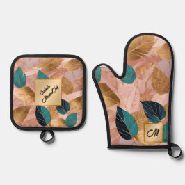 モダン赤面ピンク金ゴールドボホ葉コレクション 鍋つかみ&鍋敷きセット