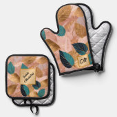 モダン赤面ピンク金ゴールドボホ葉コレクション 鍋つかみ&鍋敷きセット (正面/裏面)