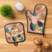 モダン赤面ピンク金ゴールドボホ葉コレクション 鍋つかみ&鍋敷きセット (トップダウン)