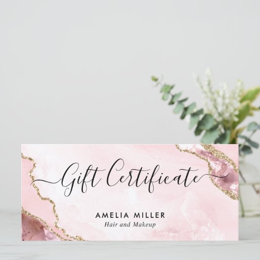 モダン赤面ピンク金ゴールド瑪瑙の証明書ギフトカード (スタンド正面)