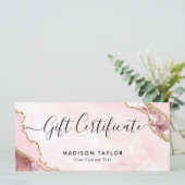 モダン赤面ピンク金ゴールド瑪瑙の証明書ギフトカード (スタンド正面)