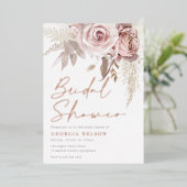 モダン赤面フローラ実在ブライダルシャワーバラ金ゴールド 箔招待状 (立ち正面)