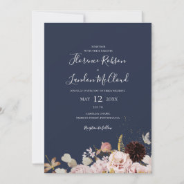 モダン赤面フローラ |シンプルカジュアルネイビ結婚ーズ 招待状