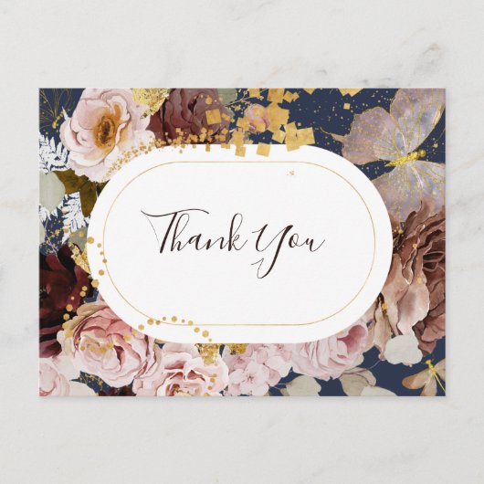 モダン赤面フローラ |ネイビー結婚ズ・サンキュー ポストカード (正面)