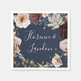 モダン赤面フローラ |ネイビー結婚ズ・ナプキンス スタンダードカクテルナプキン