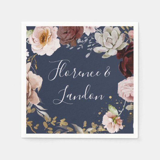 モダン赤面フローラ |ネイビー結婚ズ・ナプキンス スタンダードカクテルナプキン (正面)
