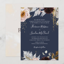 モダン赤面フローラ |ネイビ伝統的ー結婚ズ 招待状