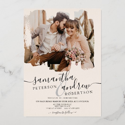 モダン赤面ブラシストロークのスクリプ結婚ト2枚 箔招待状 (裏面)