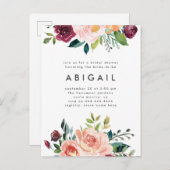 モダン赤面ブルゴーニュフローラブライダルシャワー インビテーションポストカード (正面/裏面)