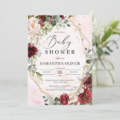 モダン赤面ブルゴーニュフローラ金ゴールド幾何学ベビー 招待状 (スタンド正面)