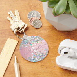 モダン赤面ホログラフィフェイクーグリッターモノグラム キーホルダー