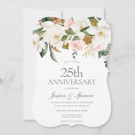 モダン赤面ホワイトフローラ25結婚周年記念 招待状 (正面)