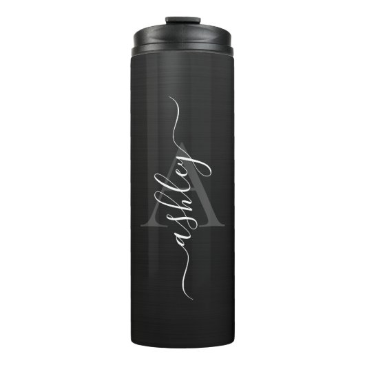 モダン赤面名モノグラムのブラシ付きメタル タンブラー (正面)