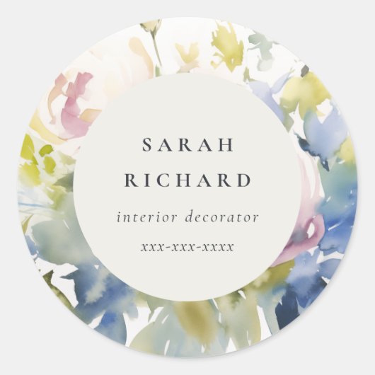モダン赤面薄紫水彩画バラフローラ事業 ラウンドシール (正面)