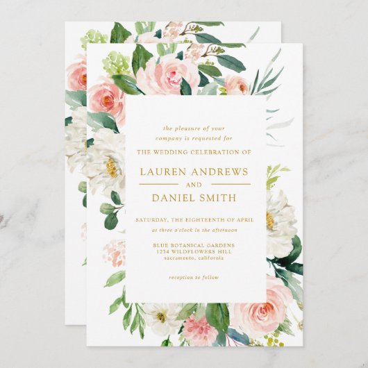 モダン赤面 |すべて1つの金ゴールドフローラ結婚 招待状 (正面/裏面)