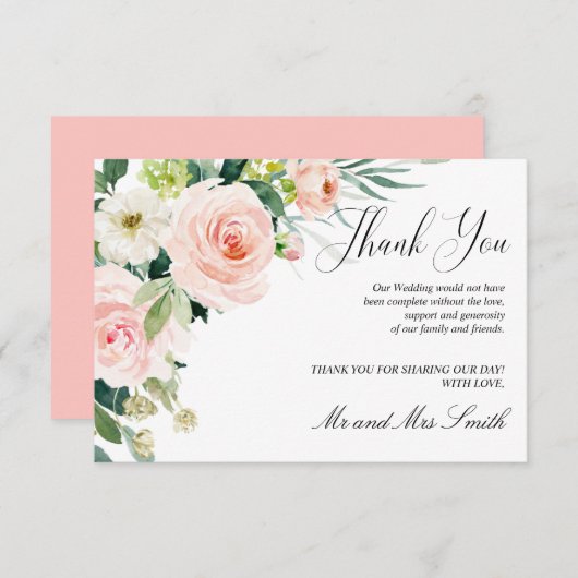 モダン赤面 |エレガントフローラ結婚の皆様 サンキューカード (正面/裏面)