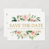 モダン赤面 |フローラ金ゴールドウェディング日付を保存 案内ポストカード (正面/裏面)