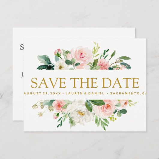 モダン赤面 |フローラ金ゴールドウェディング日付を保存 案内ポストカード (正面/裏面)