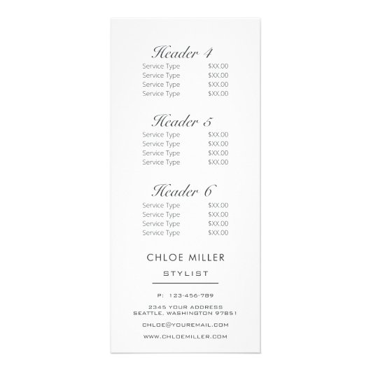 モダン赤面・フローラ・サービス・メニュー価格表  ラックカード (裏面)