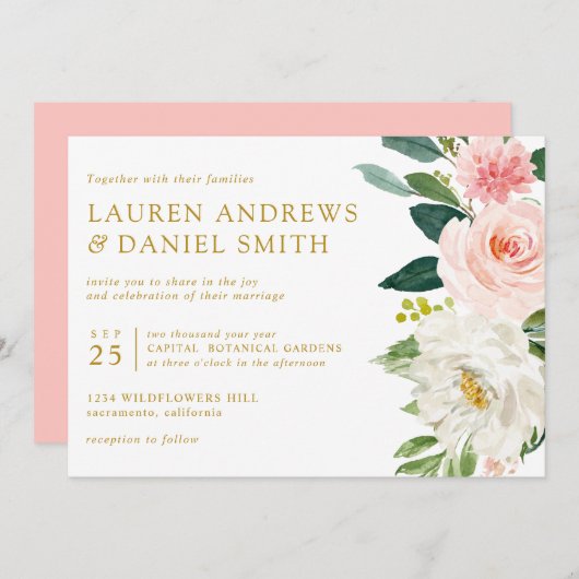 モダン赤面 | Chic Botanical金ゴールドフローラ結婚ズ 招待状 (正面/裏面)