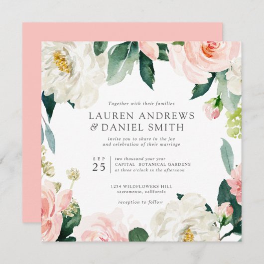 モダン赤面 | Chic Botanical Garland 結婚's 招待状 (正面/裏面)