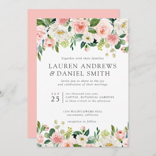 モダン赤面 | Chic Botanical Garland 結婚's 招待状 (正面/裏面)