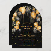 モダン退職パーティーブラック金ゴールドグリッターアーチ 招待状 (正面/裏面)
