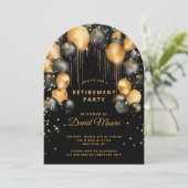 モダン退職パーティーブラック金ゴールドグリッターアーチ 招待状 (スタンド正面)