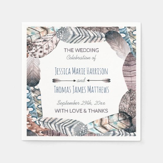 モダン部族の羽毛ボヘミ結婚アン スタンダードカクテルナプキン (正面)