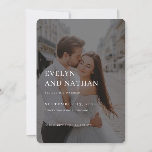 モダン重ね合わせ結婚写真救の日付 招待状 (裏面)