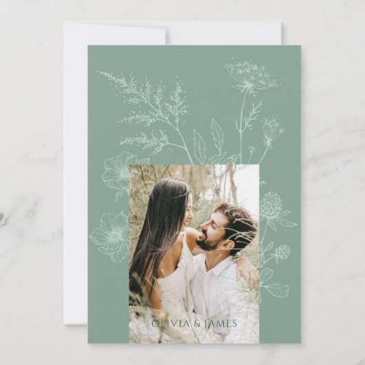 モダン野ミニマル花セージ結婚グリーン 招待状 (裏面)