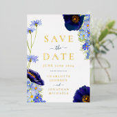 モダン野結婚花の青と金ゴールド 箔招待状 (立ち正面)