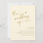 モダン金ゴールドとクリームの手書きハート結婚の 招待状 (正面)