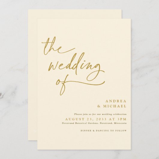 モダン金ゴールドとクリームの手結婚跡 招待状 (正面/裏面)