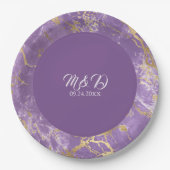 モダン金ゴールドとパープル大理石結婚の紙プレート ペーパープレート (正面)