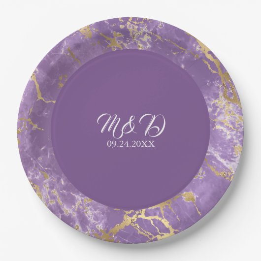 モダン金ゴールドとパープル大理石結婚の紙プレート ペーパープレート (正面)