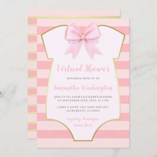 モダン金ゴールドとピンクのストライプがバウ仮想シャワー 招待状 (正面/裏面)
