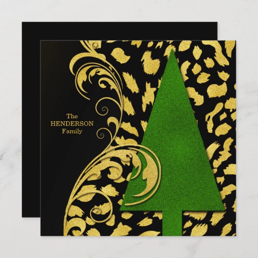 モダン金ゴールドとブラックホリデー付きクリスマスツリー シーズンカード (正面/裏面)