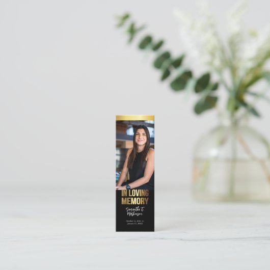 モダン金ゴールドとブラック写真葬式ブックマーク スキニー名刺 (スタンド正面)