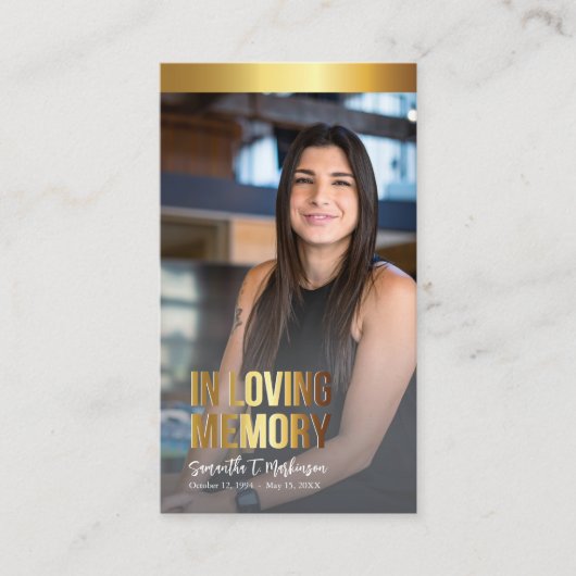 モダン金ゴールドとブラック写真葬式祈りの言葉カード 名刺 (正面)