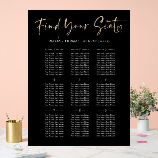 モダン金ゴールドとブラック結婚の座席表 アクリルサイン (ウェディング)