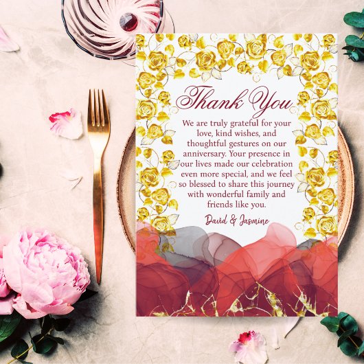 モダン金ゴールドとブルグンディ結婚・フォラルの記念日 サンキューカード