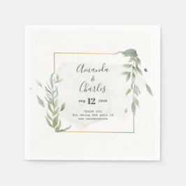 モダン金ゴールドとミント – 緑の葉のフレーム スタンダードカクテルナプキン