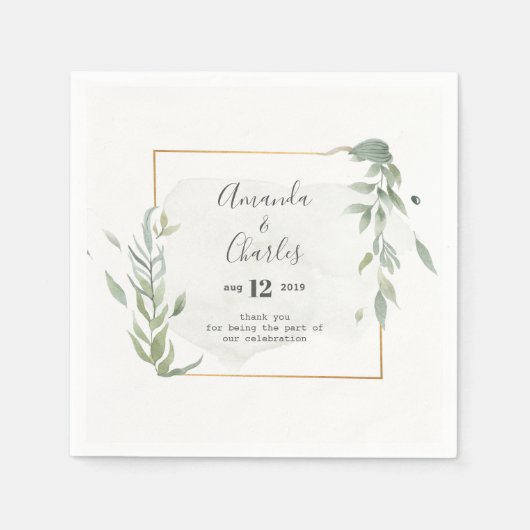 モダン金ゴールドとミント – 緑の葉のフレーム スタンダードカクテルナプキン (正面)