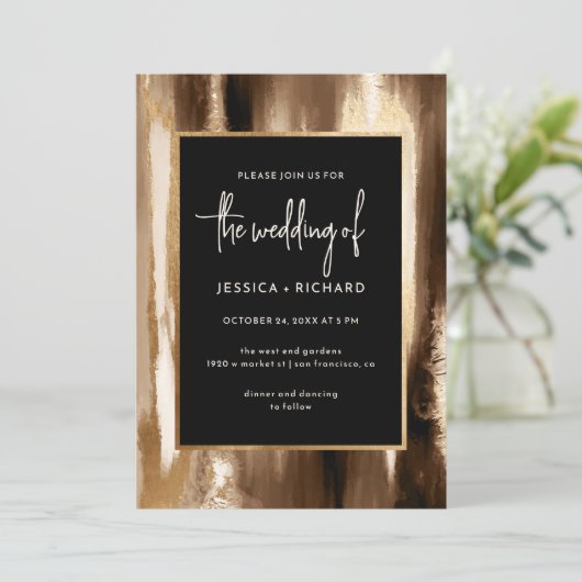 モダン金ゴールドと濃い抽象芸術の水の色結婚の 招待状 (スタンド正面)