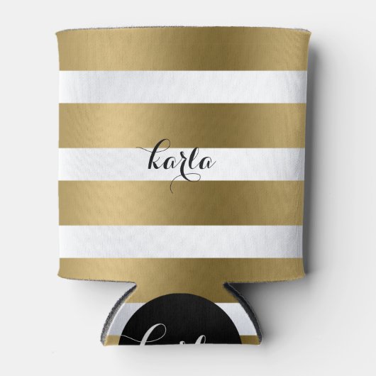 モダン金ゴールドと白ストライプ文字パターン 缶クーラー (正面)