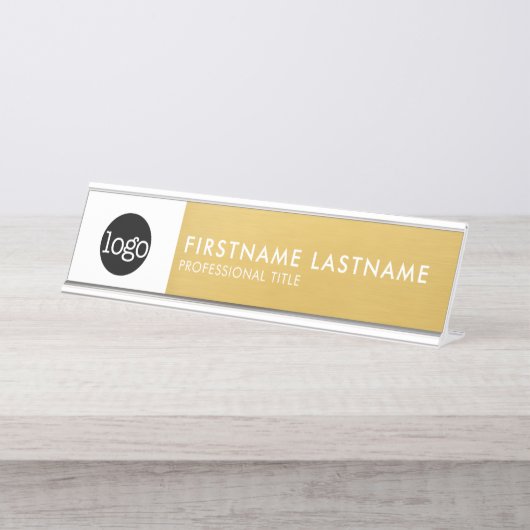 モダン金ゴールドと白 – ロゴ、名前、タイトルの追加 デスクネームプレート (正面)