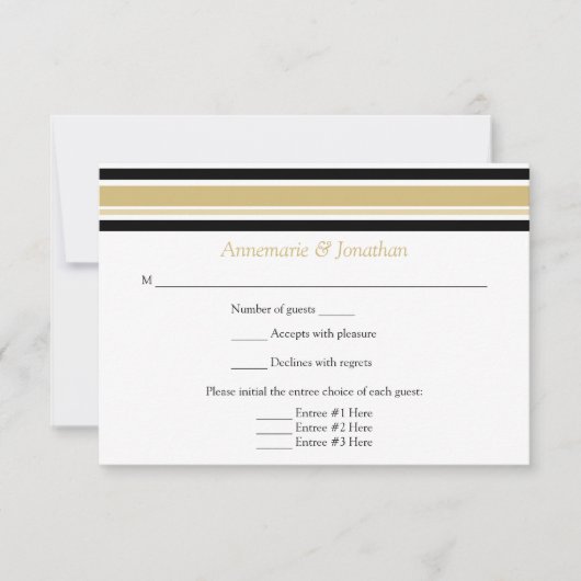 モダン金ゴールドと黒の水平のストライプRSVP 出欠カード (正面)